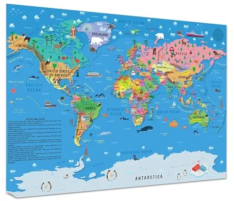 Póster de mapa del mundo para niños para la pared – Gran mapa mundial ilustrado A1 para niños, globo, atlas, cartel de pared
