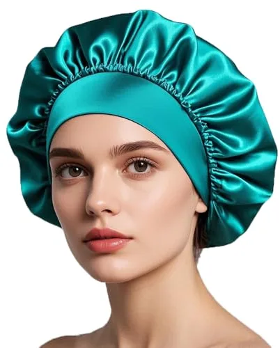 iLamvie Gorro De Seda,Gorro De Seda Para Dormir Para Pelo Rizado Con Banda Ancha Elástica Para Mujeres Y Niñas, Gorro De Saten Para Dormir Pelo Rizado(Azul agujero)