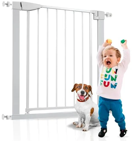 ALMAR Baby Barrera de Seguridad 67-74cm Blanco | Facil Montaje sin Tornillos para Puertas, Pasillos o Escalera para Niños o Mascotas | Valla Blanca con Sitema de Cierre Automático Giro Ambos Lados