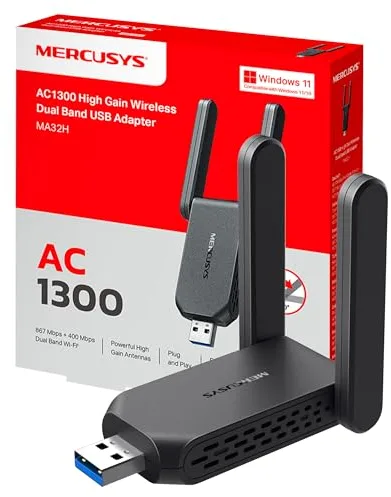 Mercusys MA32H Adaptador USB Wi-Fi de Alta Ganancia AC1300 de Doble Banda (5 GHz y 2,4 GHz), con Antenas externas, Compatible con Windows 10 y 11, Seguridad WPA3, USB 3.0