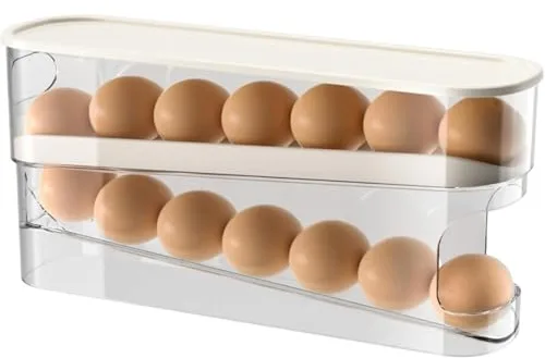 Huevera para ahorrar espacio con ruedas para el frigorífico, para 12 huevos grandes, PTE transparente y estable con tapa abatible, dispensador de almacenamiento fácilmente accesible para el