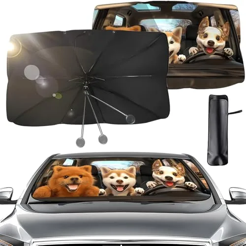 Parasol Coche Delantero, 140cm x 79cm Parasol Coche Paraguas Plegable para Auto Parabrisas Interior, Eje Giratorio de 360°, Protección UV, para la Mayoría de Coches, SUV, Camiones