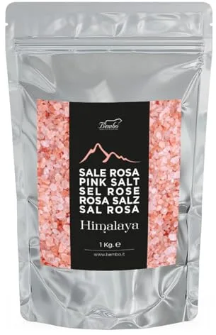 Bembo Sal Rosa del Himalaya Gruesa 1 kg – Sal cristalina natural sin refinar de la mina de Khewra (Pakistán) – Sal mineral pura para molinillo – Sin aditivos ni antiaglomerantes.