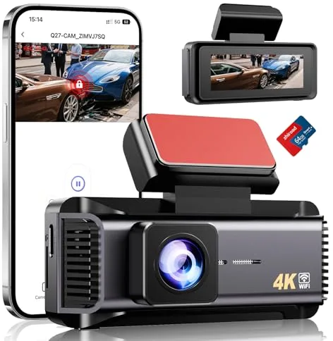 Dashcam, 4K WiFi Dash CAM Coche, Camara Coche con Pantalla IPS de 2.99", Camara Coche Grabadora con Tarjeta 64G, Super Visión, Gran 170°, Sensor G, App, Monitor de Aparcamiento, Grabación de Bucle