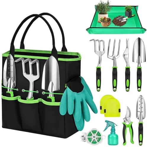 Mactoou Kit Jardineria, 12 Piezas Juego de Herramientas de jardinería con Pala Jardineria, Estera de Jardinería, Bolso de Jardín, Regalos de Jardinería para Mujeres y Hombres