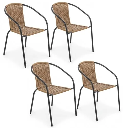 LOLAhome Pack 4 Sillas Jardín Exterior | Sillon Ratan Natural y Acero con epoxi Anticorrosión | Apilables | Cómodas y Resistentes | Balcón, Terraza o Jardín | Trivia