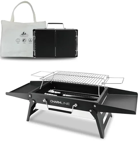 Charmline 35 * 23cm Barbacoa de Carbón para Camping, Picnic, Jardín y Playa, Pequeño Barbacoa Carbon Portátil Plegable, BBQ Portatil Para Uso en Exteriores, Negro
