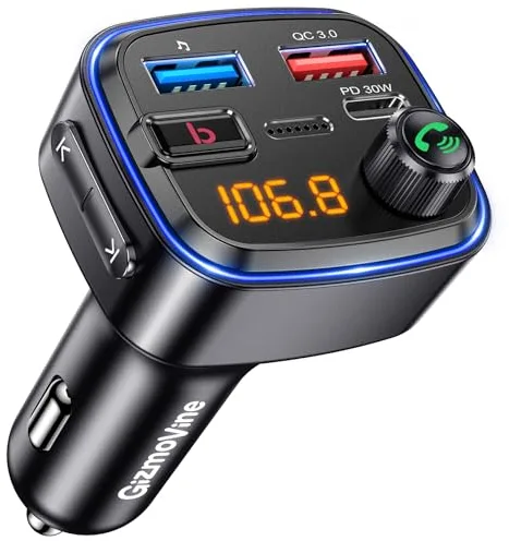 Gizmovine Transmisor FM Bluetooth Coche con Refuerzo de Graves, Parrot Manos Libres, Adaptador Mechero para Musica Radio, USB C PD 30W + QC3.0 18W, Aparato Reproductor MP3, Accesorios para Vehículos