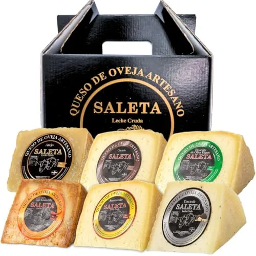 SALETA® Cesta Quesos Gourmet Regalo | Queso Oveja de La Mancha | 6 Cuñas Queso Semicurado, Curado, con Guindilla, Trufa, Añejo y en Aceite de Oliva Virgen Extra | "Pack Tentaciones 1,5Kg"