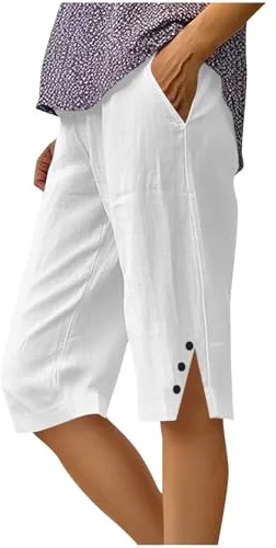 Pantalon Corto Mujer,Algodón y Lino Pantalones Cortos Deportivos Ligero Shorts Verano Cintura Alta Elástica Pantalón de Pierna Rectos Cómodo Transpirable Pantalón Corto Bermudas Mujer Verano