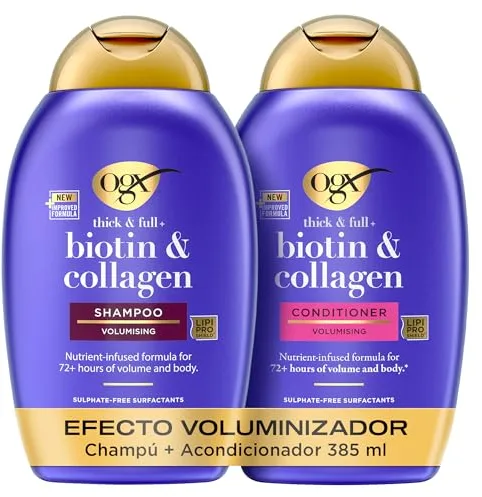 OGX Set Biotin & Collagen Thick & Full+ Shampoo y Conditioner, set champú y acondicionador con Biotina y Colágeno, texturizador de cabello para 72h de volumen, tensioactivos sin sulfatos, 2x385 ml