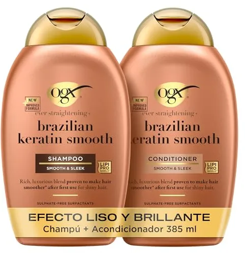 OGX Ever Straightening + Brazilian Keratin Smooth Shampoo y Conditioner, set de champú y acondicionador alisador con keratina, sin sulfatos, para pelo rizado, 2x385 ml