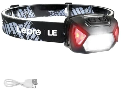 Lepro Linterna Frontal LED Recargable 2000lux, Linterna Cabeza USB Recargable D500, 6 Modos de Luz con Luz Rojo, Impermeable IPX4, Luz Frontal Cabeza para Correr, Camping, Excursión, Pesca