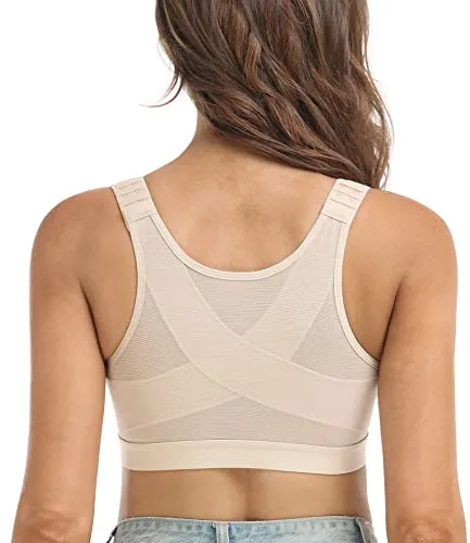 DotVol Sujetador Básico Corrector de Postura con Cierre Delantero Tirantes Anchos Postoperatorio para Mujer （100C,Beige）