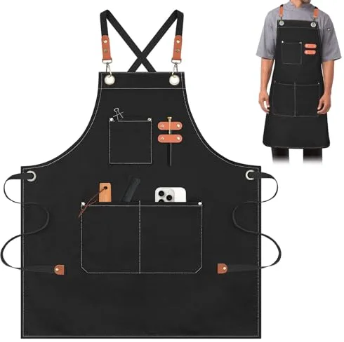 AYESY Delantales de Lona, Delantales para Hombres y Mujeres 68x75cm Delantal de Cocinero con 3 Bolsillos Correas Cruzadas Ajustables Delantal Vaquero para Cocinar Hornear Jardinería Artista (Negro)