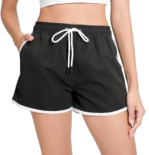 riemot Pantalones Cortos de Natación para Mujer - Bañador de Verano con Cordón Ajustable - Pantalones Cortos de Playa para Mujer con Malla Interior para Surf,Piscina y Vacaciones Negro-L