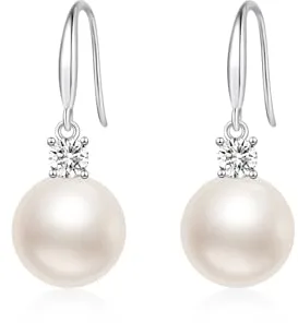 YAXUN Pendientes de perlas para mujer de plata de ley 925 - Pendientes colgantes de perlas blancas de 12 mm con diamantes de cristal austriaco en circonita cúbica 5A