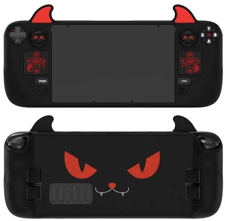 PlayVital Funda de Silicona para Steam Deck LCD & OLED - Protector Antideslizante con Tapas de Joystick & Pegatinas para Trackpad & Mejora de Botones Traseros Set, Diseño Cute Demon (Negro)