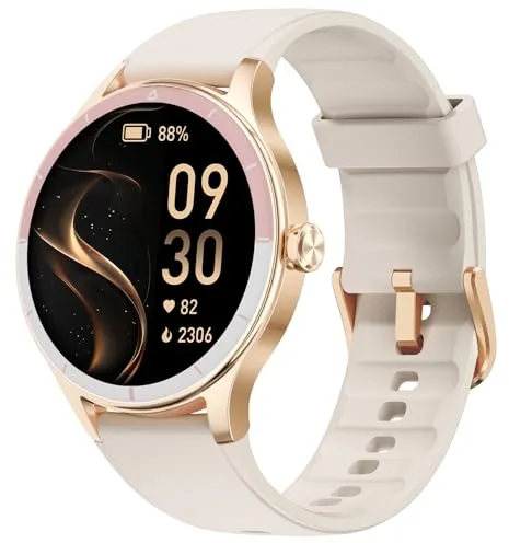 TOOBUR Reloj Inteligente Mujer Redondo, 40 mm Smartwatch Deportivo, Reloj Contador de Pasos Calorias, Compatible Android iOS, Responder Hacer Llamadas, Reloj Mujer Salud, IP68 Waterproof, Beige
