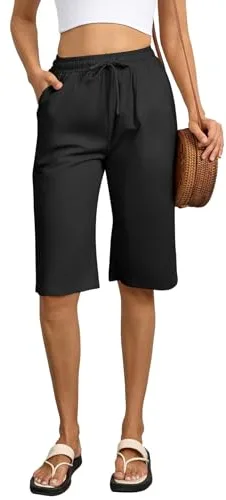 Zhiaek Pantalones Cortos Mujer Algodon Cintura Alta Elástica Shorts Mujer Verano con Bolsillos Pantalon Corto Largo hasta la Rodilla con Cordón Negro L