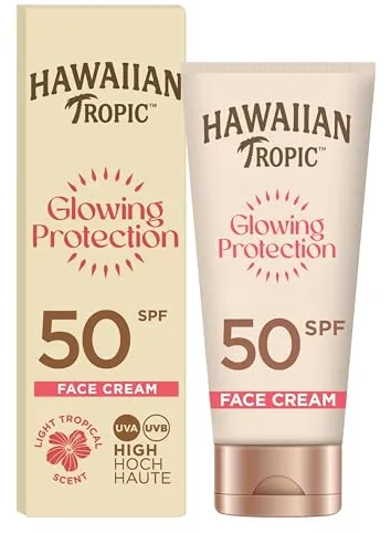 HAWAIIAN Tropic Glowing Protection Locion Solar Facial, Crema Solar Protectora para el Rostro Waterproof con SPF 50 UVA + UVB Protection, Fragancia Tropical, con Manteca de Karité, 50 ml