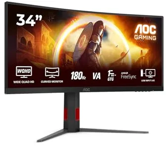 AOC CU34G4 Monitor Gaming 34 Pulgadas UWQHD Curvo, 180Hz, Fast VA, 0.5 ms MPRT, Adaptive Sync., HDR10, FreeSync Premium, Altura Ajustable (3440x1440, 2X HDMI 2.0, 1x DP 1.4), Rojo/Negro