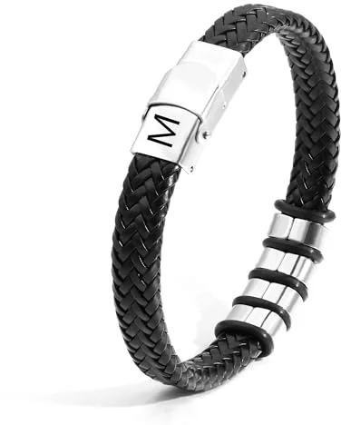 SAMINO Cuero Negro 26 Pulseras de Acero Inoxidable de Primera Letras Para Hombres Pulseras Colgantes de Letra A - Z Tejidas Pulseras Regalos Para Marido Padre Hijo Novio Tío (M)