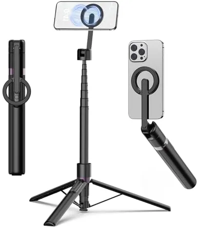 TONEOF 173cm Trípode para Movil Magnetico Palo Selfie, Soporte Magnético de Aluminio&Rótulas Trípodes Giratorio de 360°, Trípode Viaje Retráctil con Anillo Metálico&Control, para Teléfonos-Negro