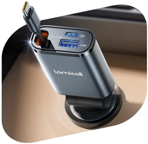 Lamicall 3 EN 1 Cargador Coche Carga Rápida, 50W Cargador Mechero USB C- [Super Compacto] 180° Plegable Adaptador Móvil Coche con Cable Retráctil Tipo C, Puerto USB-C/A, para iPhone/Samsung