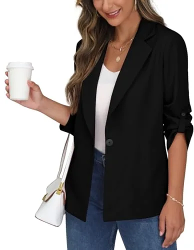 PrinStory Blazer para mujeres, manga ajustable, blazer para damas con bolsillos, cuello de solapa, frente abierto, botones, chaqueta cárdigan, Blazer Negro, 42