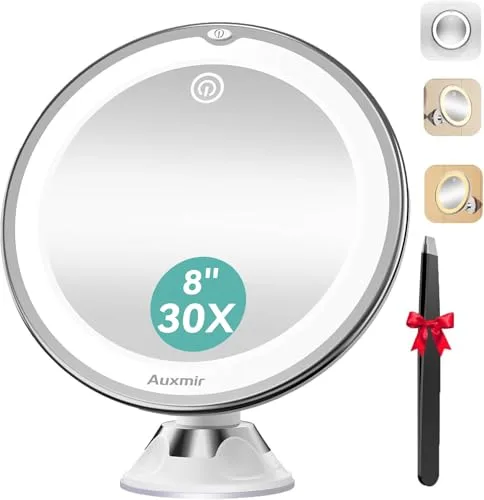 Auxmir Espejo Maquillaje con Luz LED, Aumento 30X con Ventosa Fuerte, Brillo Regulable, Giratorio 360°, Portátil para Pared, Baño, Viaje, Depilación y Cejas, Blanco, Redondo