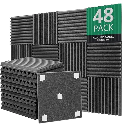 ROVSON Paneles Acústicos Espuma Acústica, 30x30x3 cm, 48 Piezas, Aislante Acústico para Estudios, Estudios de Grabación, Oficinas, Insonorización Acústica Pared, Incluye Adhesivos