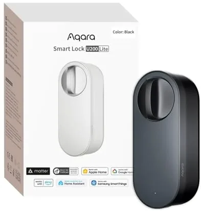 Aqara Cerradura Inteligente U200 Lite, Matter over Thread, Modo Silencioso, Bloqueo Automático, Acceso Remoto, Batería Recargable, Compatible con Apple Home, Alexa, Negro