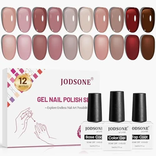 JODSONE Juego de 12 esmaltes de uñas de gel, 10 colores translúcidos de gelatina natural, elegante y duradero para el uso en casa y en el salón