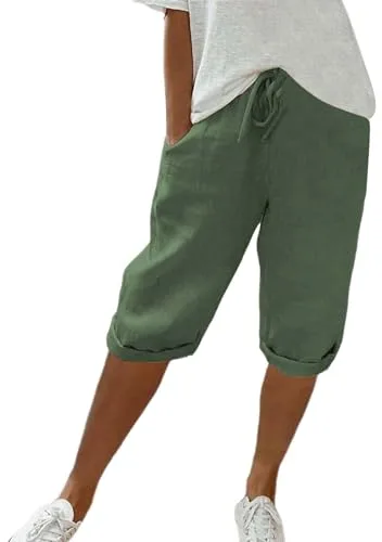 riou Pantalones Cortos Verano Mujer Original Casual Algodón y Lino Shorts Moda Bermudas Suelto Bolsillo Pantalones Corto Color sólido Fitness Jogging Gimnasio con Bolsillos S-5XL