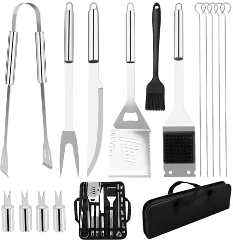 15Pcs Kit Barbacoa, Juego de Utensilios Barbacoa de Acero Inoxidable, Profesionales Accesorios Barbacoa Prácticas con Bolsa Portatil, Herramientas Parrilla Barbacoa para Camping Picnic Exterior