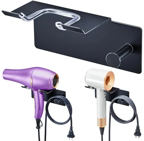 Soporte para Secador de Pelo sin Taladrar, Soporte para Secador de Pelo, Pared sin Taladrar Metal, Autoadhesivo Soporte para Secador de Pelo de Pared, Soporte para Secador de Pelo para Baño (Negro)