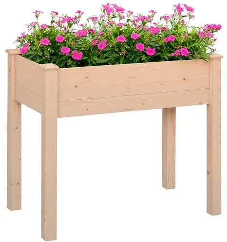Outsunny Huerto Urbano Elevado de Madera Mesa de Cultivo Jardinera Elevada con Tela no Tejida y 4 Orificios de Drenaje para Cultivos Plantas Flores Jardín Terraza Exterior 86x46x76 cm Natural