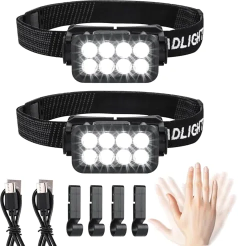 Paquete de 2 linternas frontales LED recargables - Super brillantes - 2500 lúmenes - 5 modos de iluminación - Ligeras - IPX6 - Impermeables - Sensor de luz - Para exterior, camping, carrera, pesca