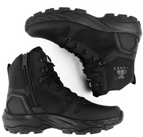 LUDEY Ligero Botas Militares Tácticas Hombre Transpirable Durable YKK Cremallera Lateral Botas de Combate de la Policía Negro 45EU