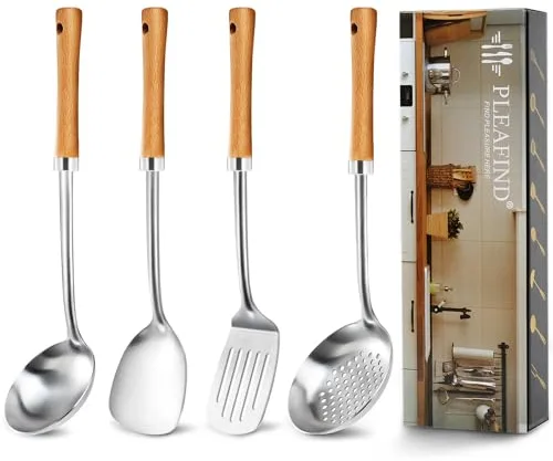 Pleafind 4 piezas juego de utensilios de cocina de acero inoxidable, juego de espátulas con mango de madera incluye Cucharones de cocina, Espumadera, Espátula, Espátula ranurada