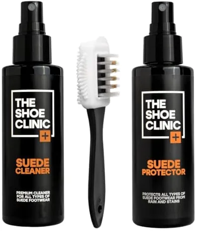 Shoe Clinic Kit de limpieza para gamuza y nobuk Limpiador y protector de gamuza en aerosol con cepillo | Limpia, protege e impermeabiliza zapatos, zapatillas y botas
