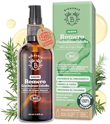 BIONOBLE Aceite de Romero para el Cabello Orgánico - Estimula Crecimiento Pelo, Nutre el Cuero Cabelludo - Aceite Esencial de Romero, Ricino - Rosemary Oil Hair Growth - Botella Vidrio, Pipeta - 100ml