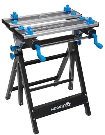 HÖGERT TECHNIK Mesa de Taller Plegable, Ajustable en Altura e inclinación de 600 x 570 x 770 – 1070 mm con Placa de Aluminio, mandíbulas, Ajuste de ángulo y Escala de Medidas