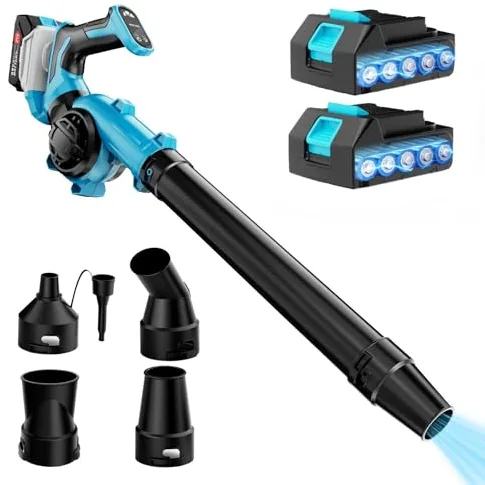 21V Soplador de Hojas Eléctrico con 4 Boquillas, Soplador de Hojas Eléctrico sin Cable Compacto de 3 Velocidades con 2X Baterías de 3Ah y Cargador, Ajuste Giratorio de 270° del Soplador de Hojas
