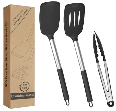 Espátulas de Silicona para Cocina, Utensilios de Cocina-Lengua y Pinza Antiadherente Antirrayas, Resistente al Calor 220°Cpara Hornear, Parrilla y Freír (Juego de 3)