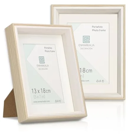 ENMARKALIA DECORACION Marco de fotos 13x18 cm SIN paspartu y 9x13 cm CON paspartu, Pack x2 unidades, color Madera - Blanco, medida, soporte de pie y para colgar (Madera Blanco X2 Uds., 13x18 cm)