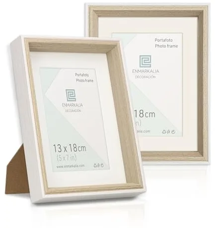 ENMARKALIA DECORACION Marcos de foto 13x18 cm SIN paspartu y 9x13 cm CON paspartu, Pack x2 unidades, color Blanco - Madera, para colgar en horizontal y vertical (Blanco Madera X2 Uds., 13x18 cm)