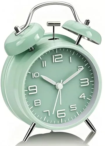 YsyYey - Reloj despertador analógico, con doble campana, extra fuerte para personas con sueño profundo, sin tictac, funciona con baterías con luz nocturna, reloj de mesa vintage de metal para adultos