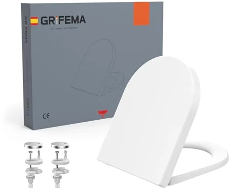 GRIFEMA Tapa WC Universal Premium - UF Resin, Efecto Cerámico, Antibacteriana, No Amarillea - Cierre Suave Silencioso - Liberación Rápida - Fácil Montaje - Tapa Inodoro Forma D [Exclusivo en Amazon]